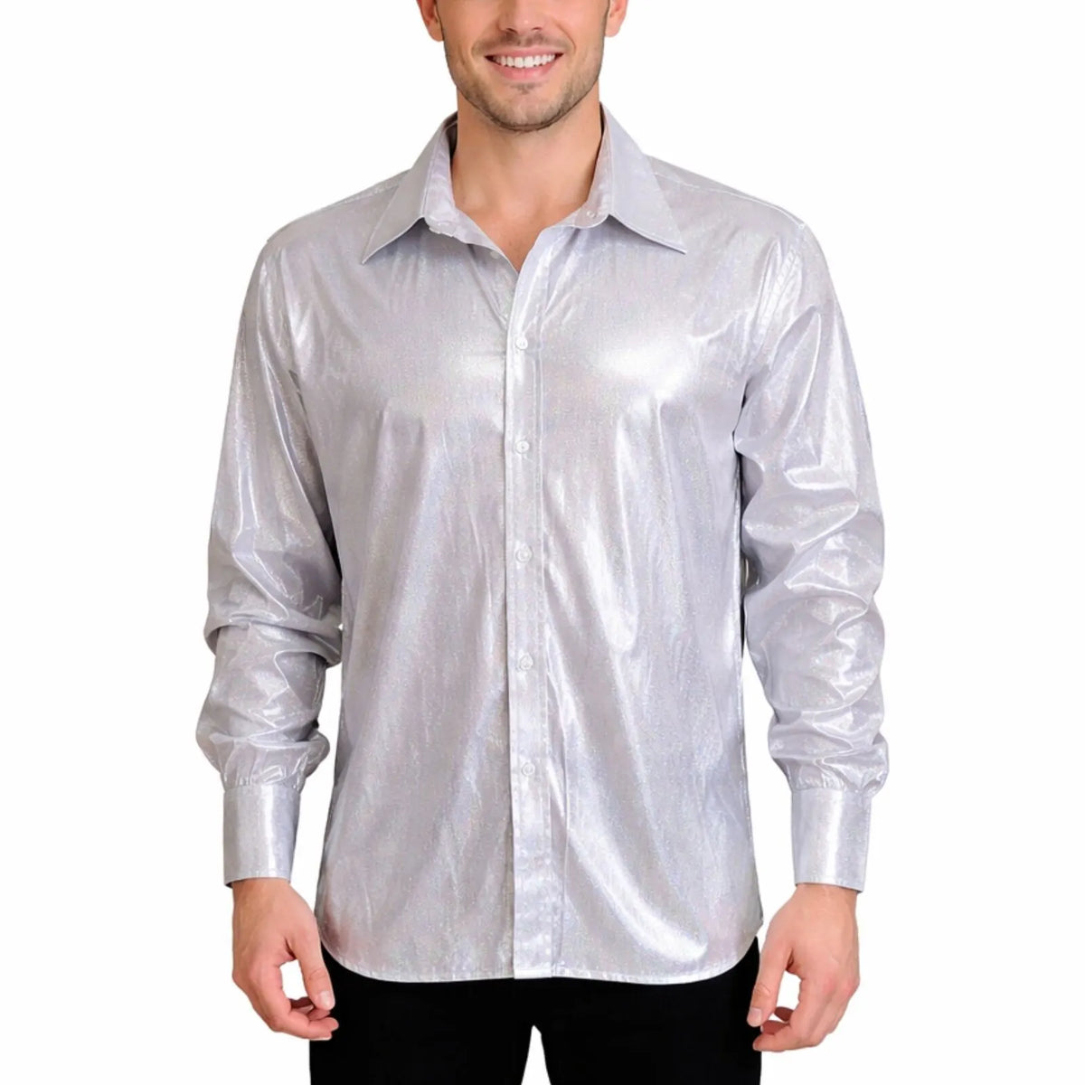 Mens 70s Disco Shirt Costume Metallic Long Sleeve Party Outfit One Size - Silver - Image 2