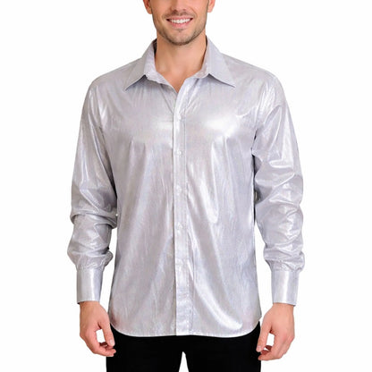 Mens 70s Disco Shirt Costume Metallic Long Sleeve Party Outfit One Size - Silver - Image 2