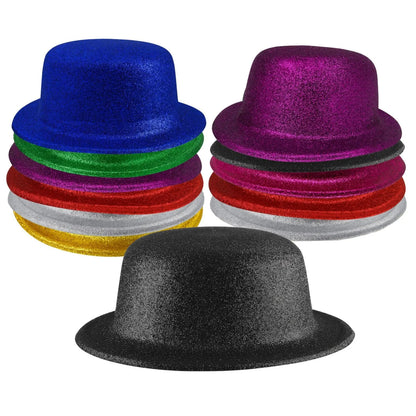 12x GLITTER BOWLER HAT Fancy Party Plastic Costume Cap Fun Dress Up Sparkle BULK - Assorted Colour Pack