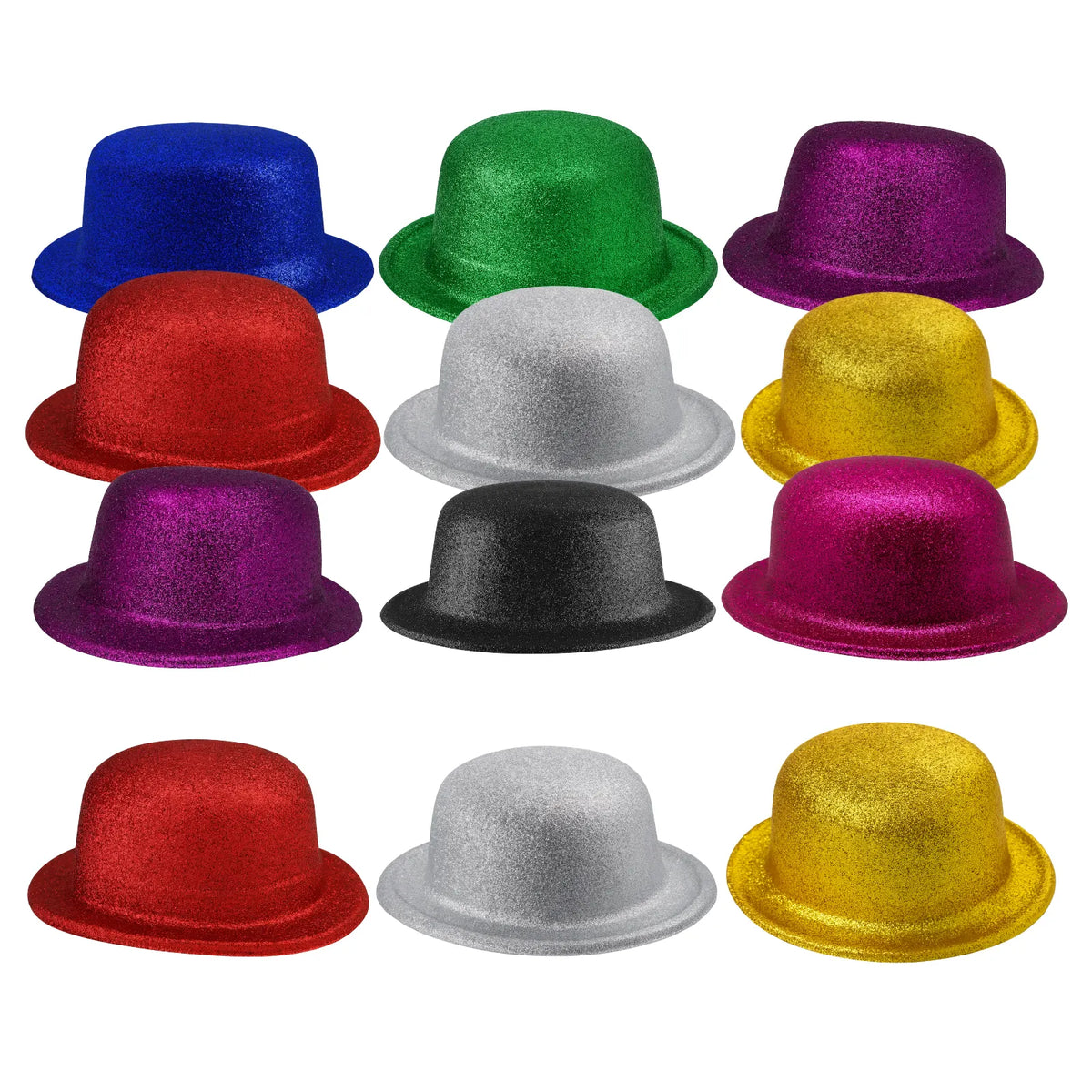 12x GLITTER BOWLER HAT Fancy Party Plastic Costume Cap Fun Dress Up Sparkle BULK - Assorted Colour Pack - Image 3