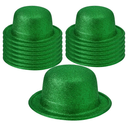 12x GLITTER BOWLER HAT Fancy Party Plastic Costume Cap Fun Dress Up Sparkle BULK - Green