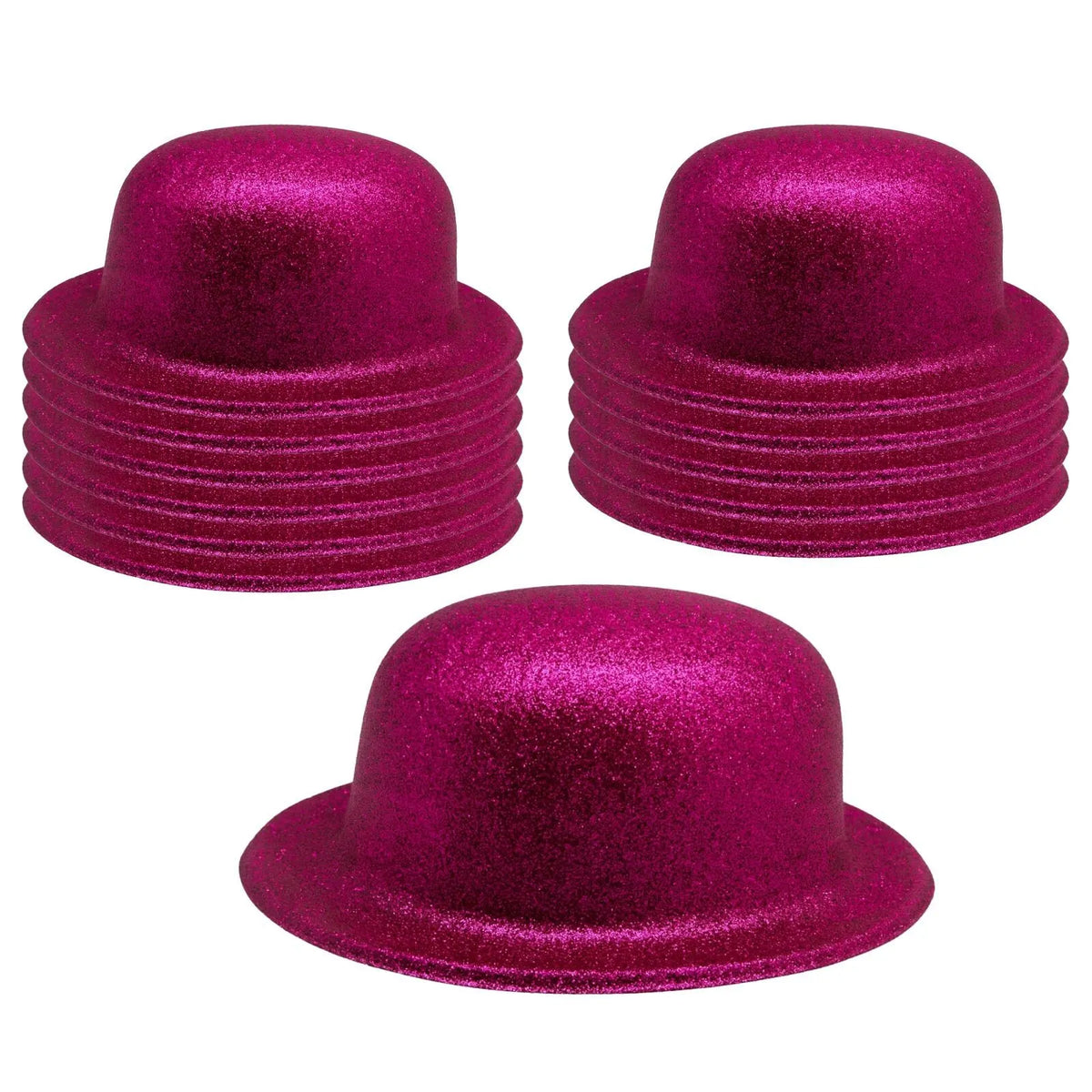 12x GLITTER BOWLER HAT Fancy Party Plastic Costume Cap Fun Dress Up Sparkle BULK - Hot Pink - Image 2