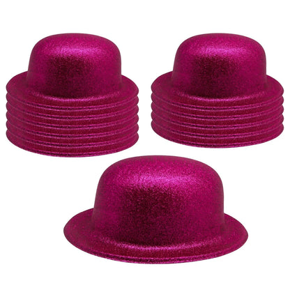 12x GLITTER BOWLER HAT Fancy Party Plastic Costume Cap Fun Dress Up Sparkle BULK - Hot Pink - Image 2