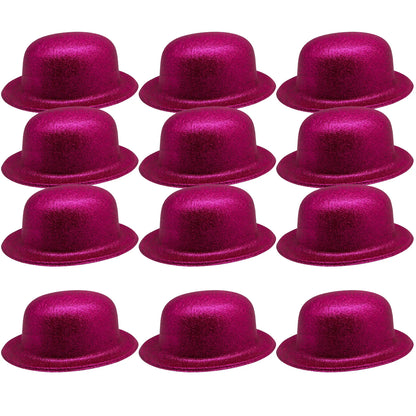 12x GLITTER BOWLER HAT Fancy Party Plastic Costume Cap Fun Dress Up Sparkle BULK - Hot Pink - Image 3