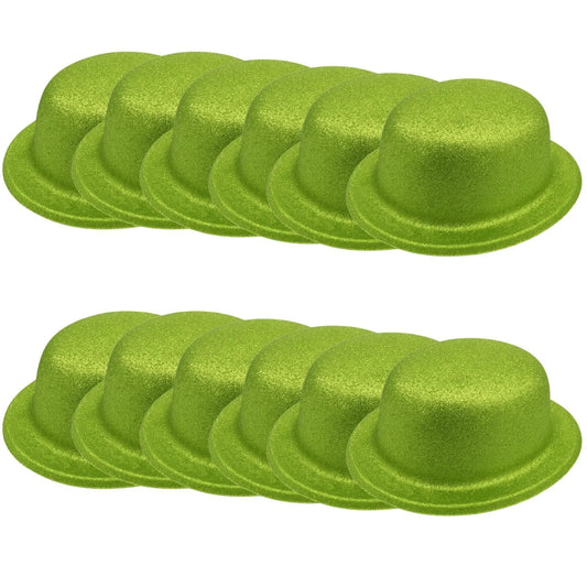 12x GLITTER BOWLER HAT Fancy Party Plastic Costume Cap Fun Dress Up Sparkle BULK - Lime Green