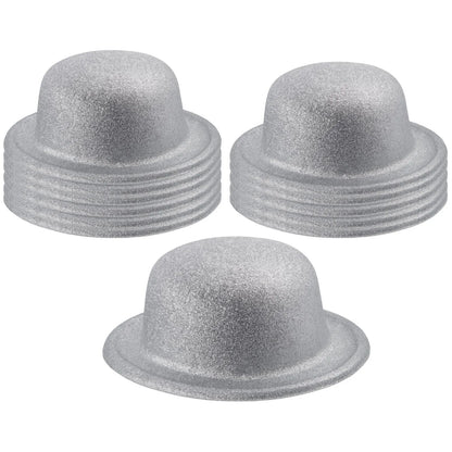 12x GLITTER BOWLER HAT Fancy Party Plastic Costume Cap Fun Dress Up Sparkle BULK - White/Silver - Image 2
