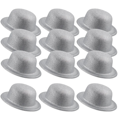 12x GLITTER BOWLER HAT Fancy Party Plastic Costume Cap Fun Dress Up Sparkle BULK - White/Silver - Image 3