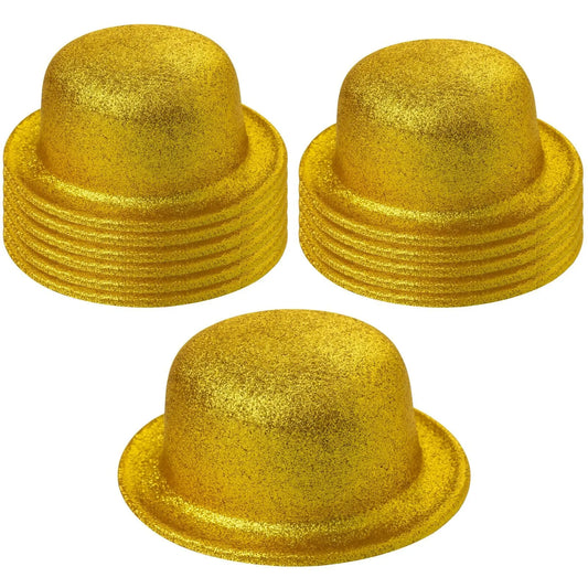 12x GLITTER BOWLER HAT Fancy Party Plastic Costume Cap Fun Dress Up Sparkle BULK - Yellow/Gold