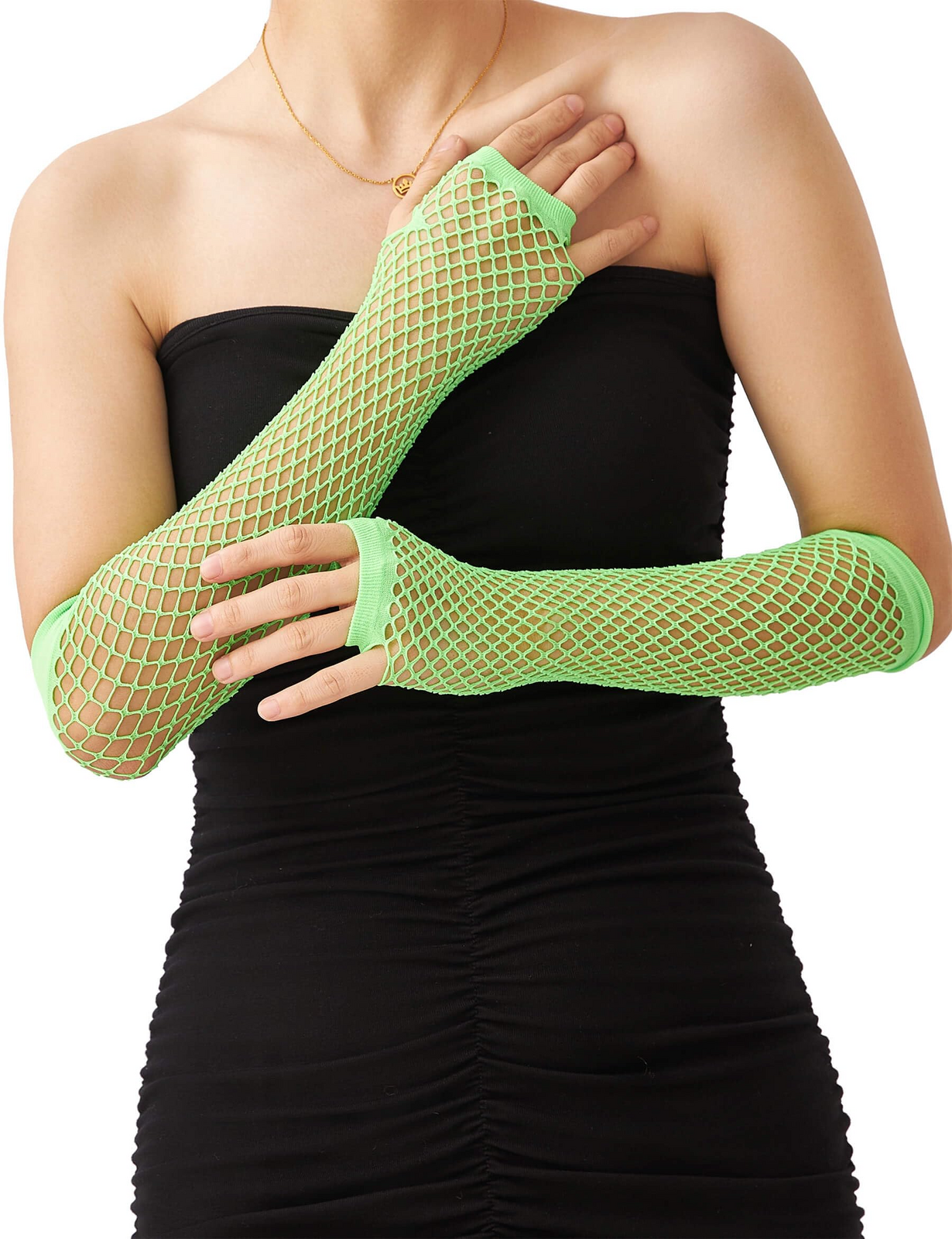 12x Long Elbow Length Fishnet Gloves Fingerless 70s 80s Womens Costume Party Bulk in Fluro Green - Image 4