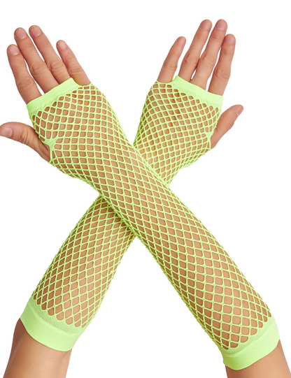 12x Long Elbow Length Fishnet Gloves Fingerless 70s 80s Womens Costume Party Bulk in Fluro Yellow - Image 2