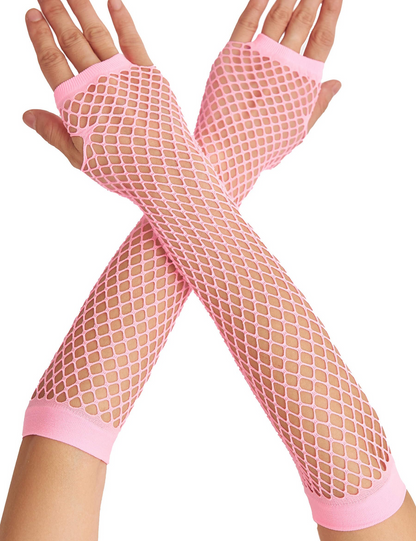 12x Long Elbow Length Fishnet Gloves Fingerless 70s 80s Womens Costume Party Bulk in Light Pink - Image 2