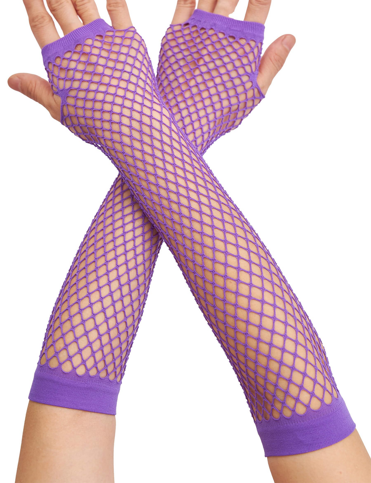 12x Long Elbow Length Fishnet Gloves Fingerless 70s 80s Womens Costume Party Bulk in Purple - Image 2
