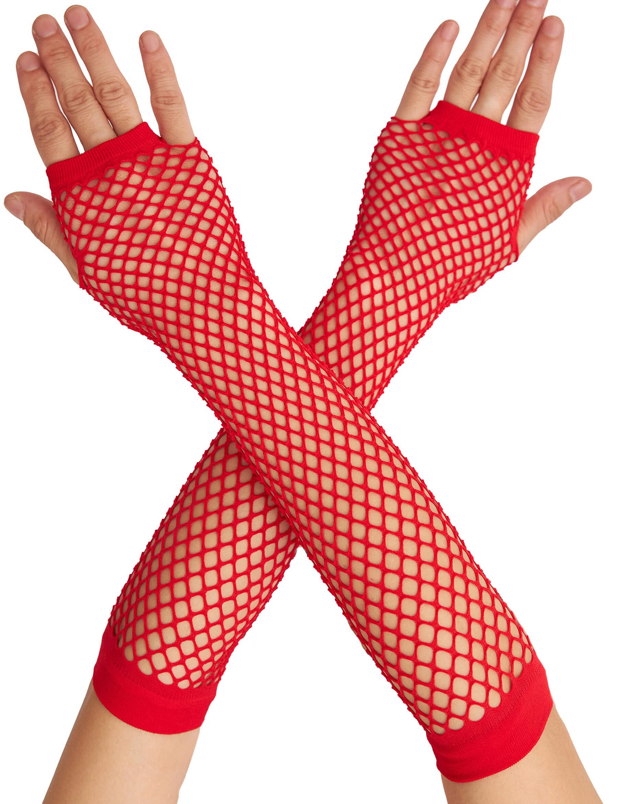 12x Long Elbow Length Fishnet Gloves Fingerless 70s 80s Womens Costume Party Bulk in Red - Image 2