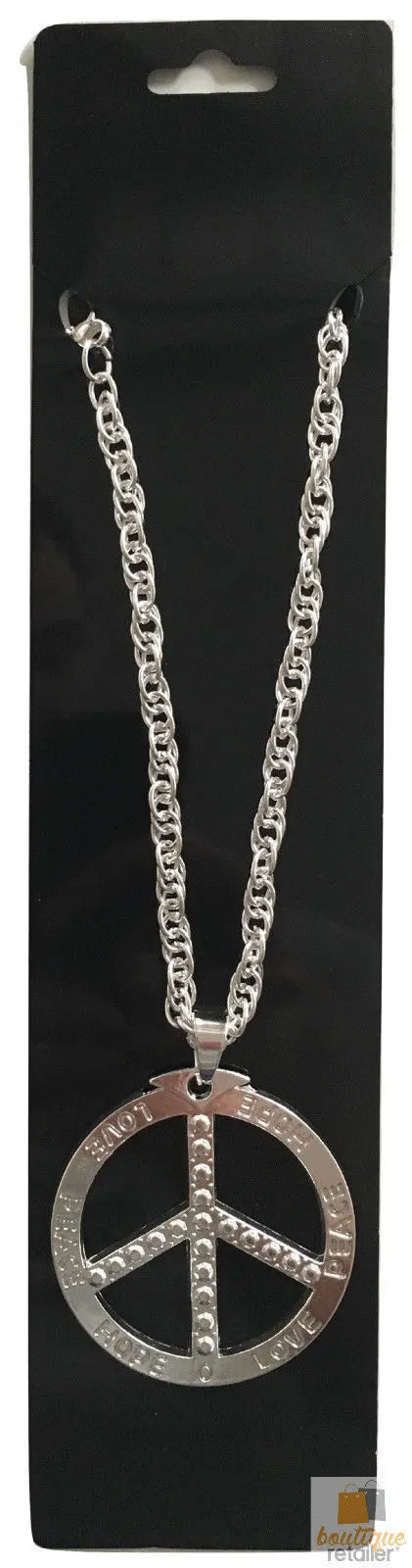 PEACE Sign Metal Necklace Chain Hippie Costume Party Pendant Chain Jewellery 70s 60s - Silver