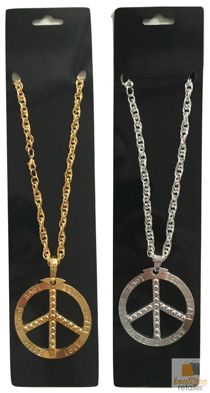PEACE Sign Metal Necklace Chain Hippie Costume Party Pendant Chain Jewellery 70s 60s - Silver - Image 4