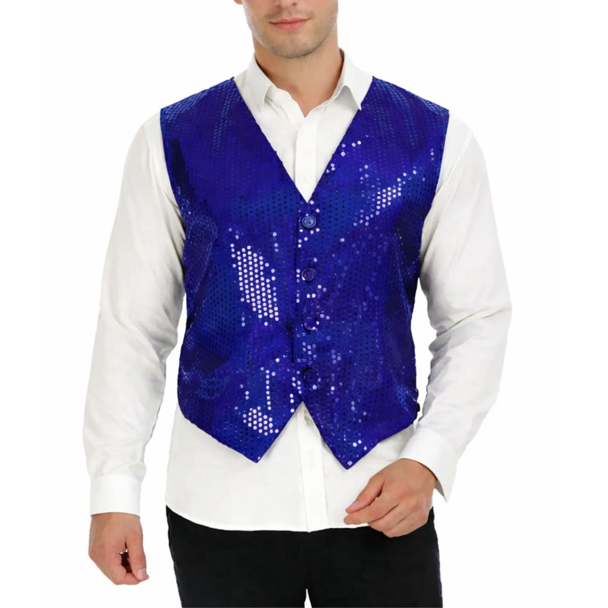 Mens Sequin Vest Waistcoat Disco Sparkle Costume Dance Party One Size - Blue - Image 2