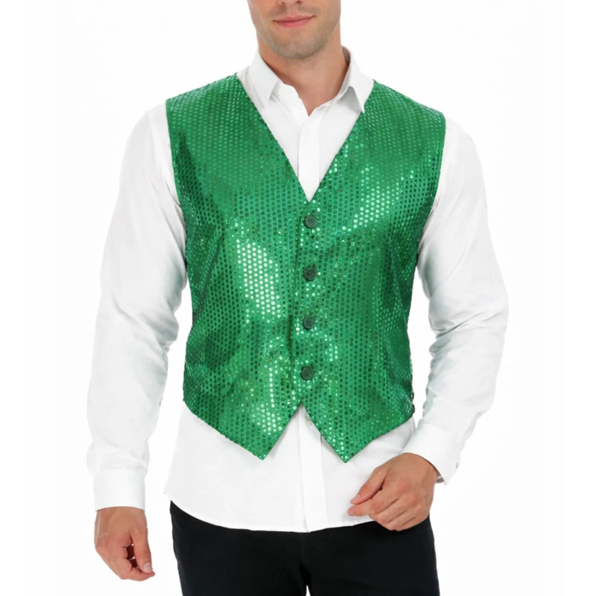 Mens Sequin Vest Waistcoat Disco Sparkle Costume Dance Party One Size - Green - Image 2