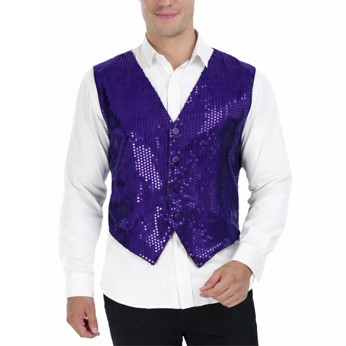 Mens Sequin Vest Waistcoat Disco Sparkle Costume Dance Party One Size - Purple - Image 2