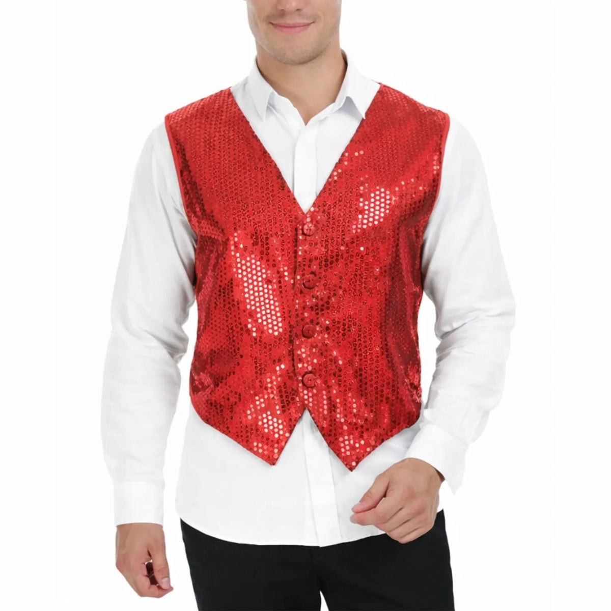 Mens Sequin Vest Waistcoat Disco Sparkle Costume Dance Party One Size - Red - Image 2