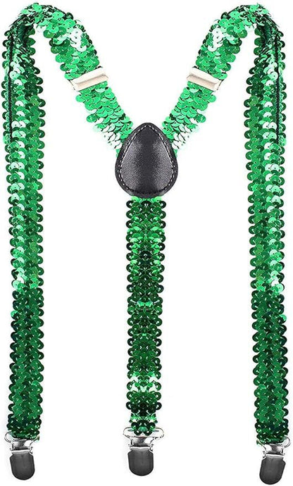 SEQUIN SUSPENDERS Unisex Adjustable Braces Clip On Elastic Y-Back  - Green
