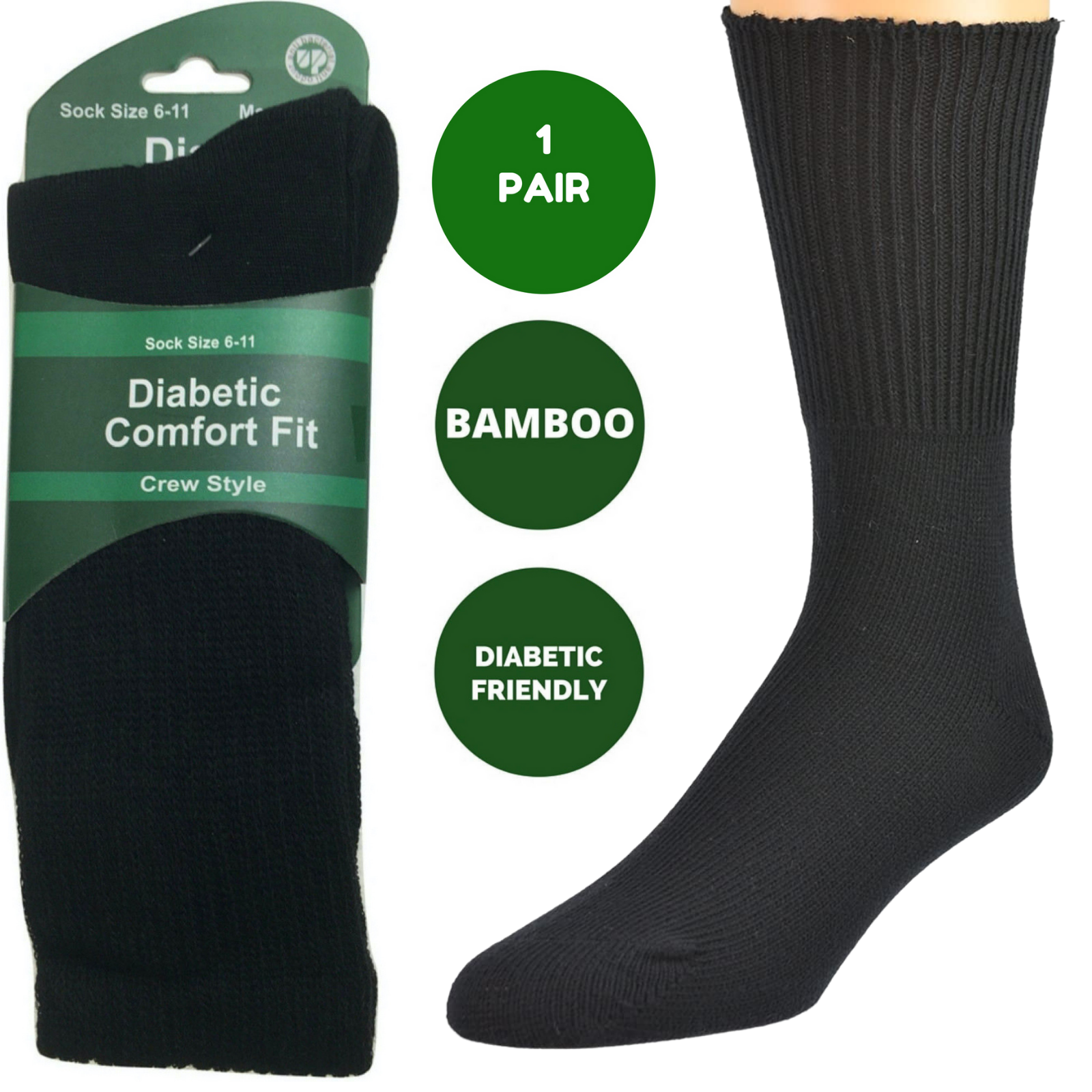 1 Pair DIABETIC BAMBOO Socks Work Socks Medical Loose Top Crew Cushion BLACK - 11-14 - Image 2