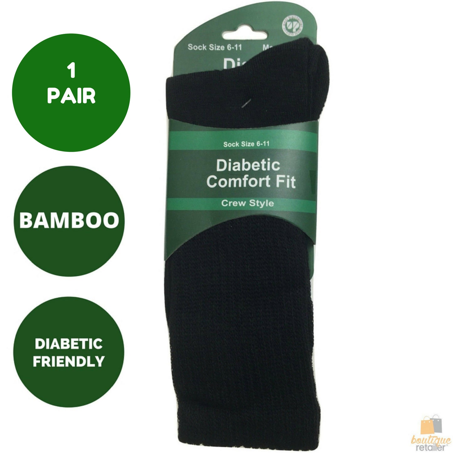 1 Pair DIABETIC BAMBOO Socks Work Socks Medical Loose Top Crew Cushion BLACK - 11-14 - Image 4