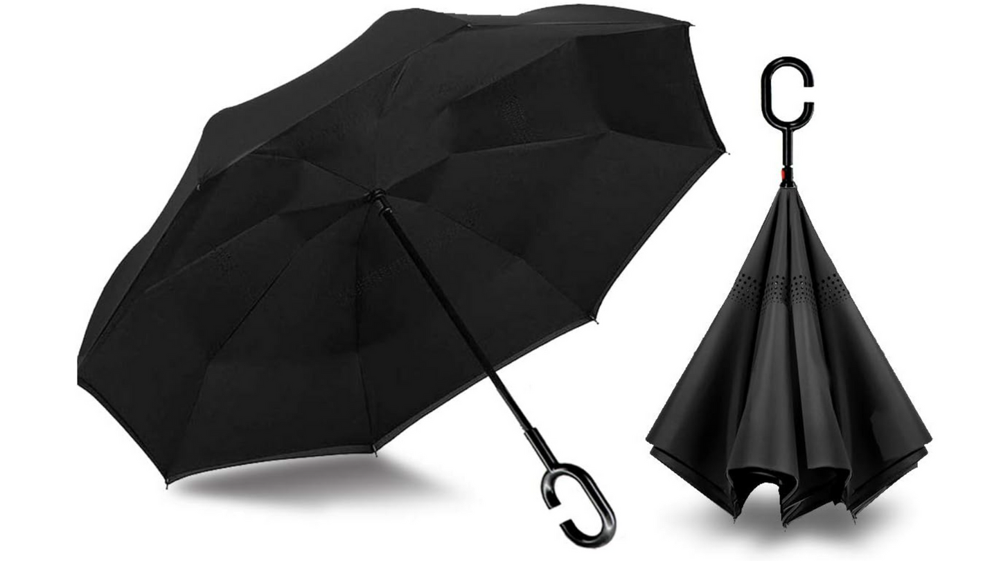 Reverse Umbrella Windproof Double Layer C-Handle Inverted Folding in Black - Image 2