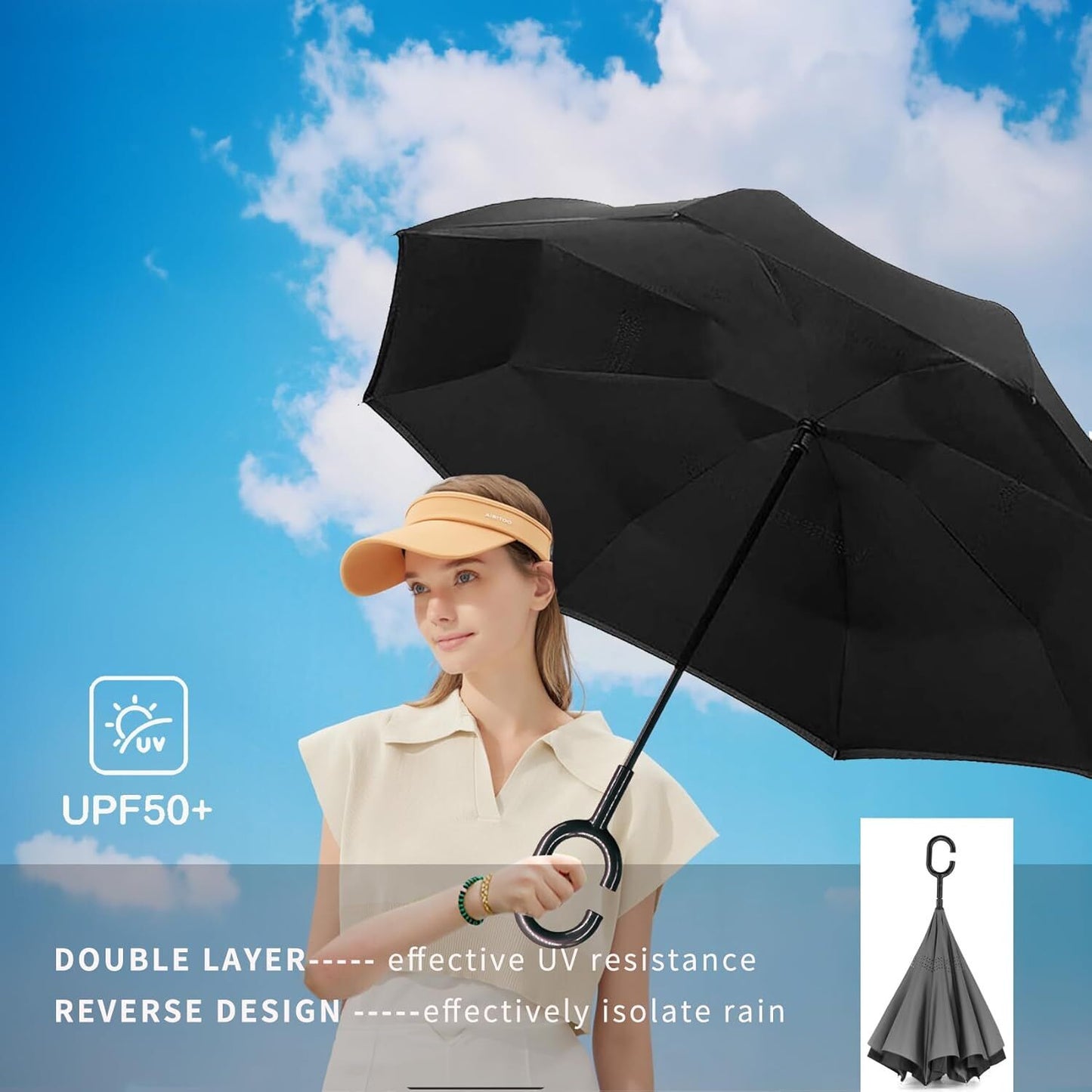 Reverse Umbrella Windproof Double Layer C-Handle Inverted Folding in Black - Image 3