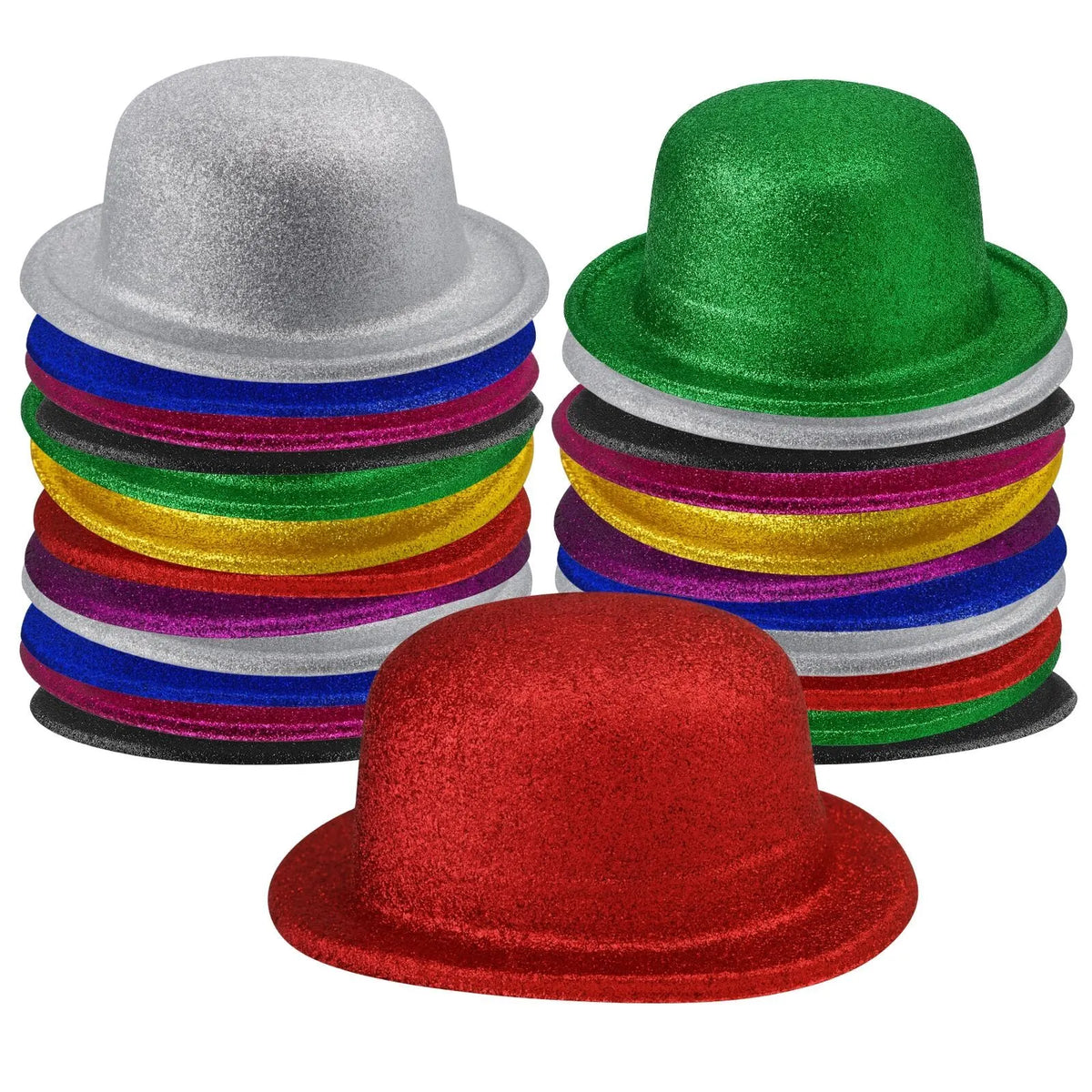 24x GLITTER BOWLER HAT Fancy Party Plastic Costume Cap Fun Dress Up Sparkle BULK - Assorted Colours - Image 2