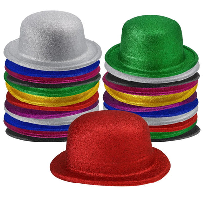 24x GLITTER BOWLER HAT Fancy Party Plastic Costume Cap Fun Dress Up Sparkle BULK - Assorted Colours - Image 2
