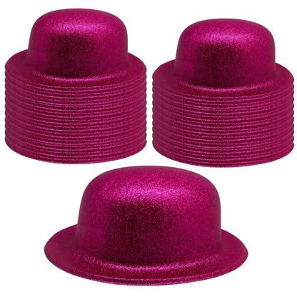 24x GLITTER BOWLER HAT Fancy Party Plastic Costume Cap Fun Dress Up Sparkle BULK - Hot Pink - Image 2