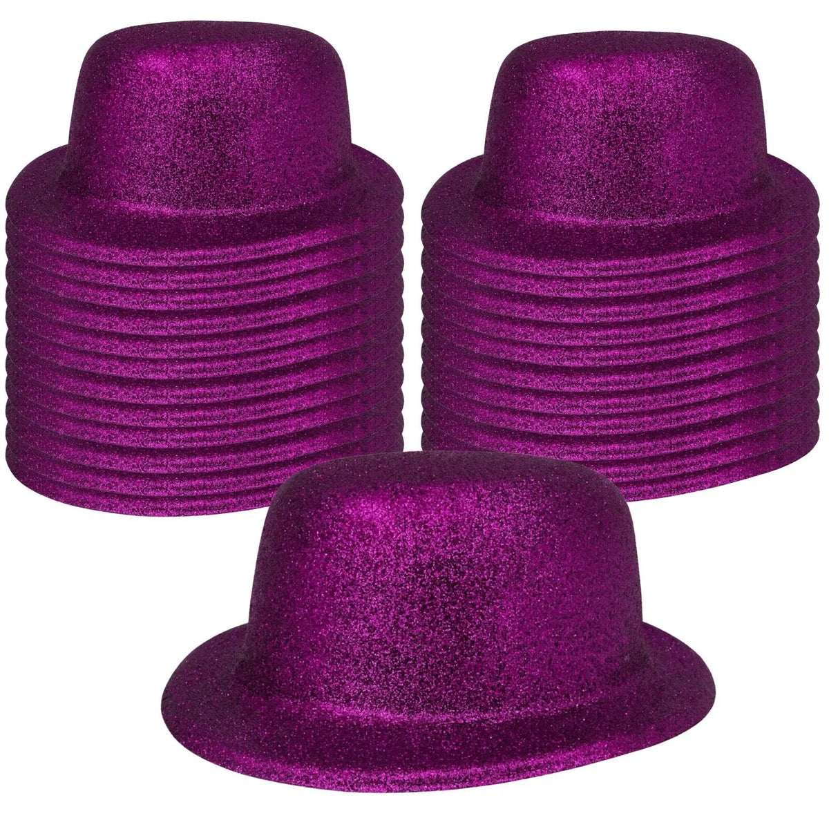 24x GLITTER BOWLER HAT Fancy Party Plastic Costume Cap Fun Dress Up Sparkle BULK - Purple