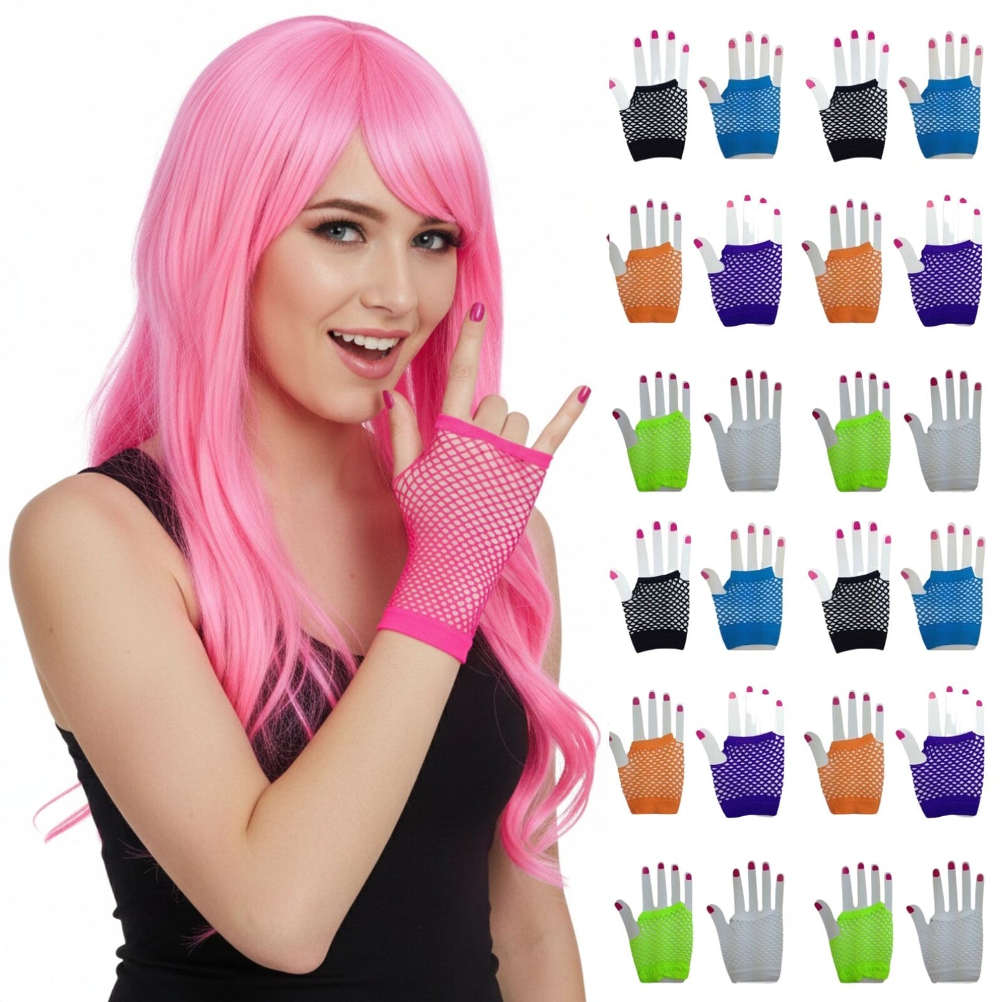 24x Fishnet Gloves Fingerless Wrist Length 70s 80s Womens Costume Party Bulk - Assorted Colour Pack - Image 2