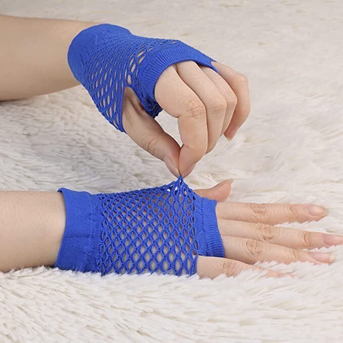 24 Pair Fishnet Gloves Fingerless Wrist Length 70s 80s Costume Party Bulk - Blue - Image 2