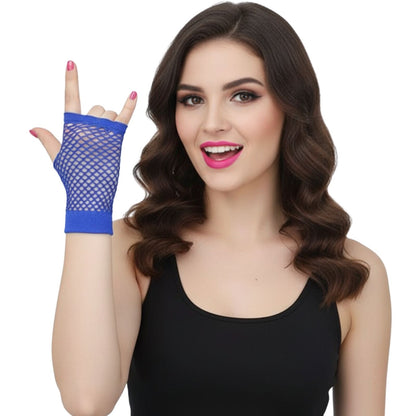 24 Pair Fishnet Gloves Fingerless Wrist Length 70s 80s Costume Party Bulk - Blue - Image 3