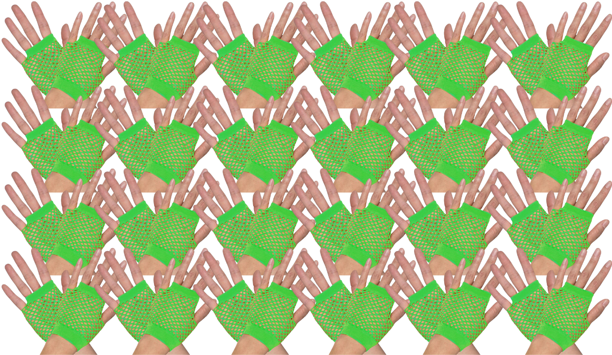 24 Pair Fishnet Gloves Fingerless Wrist Length 70s 80s Costume Party Fluro Green - Image 2