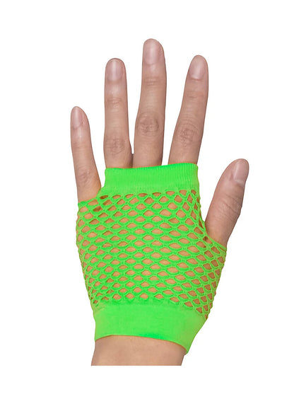 24 Pair Fishnet Gloves Fingerless Wrist Length 70s 80s Costume Party Fluro Green - Image 3