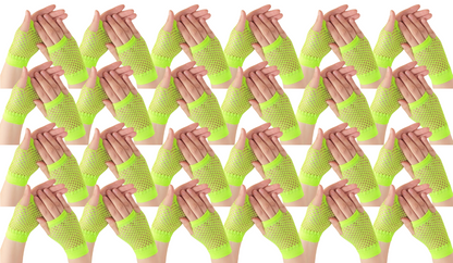 24 Pair Fishnet Gloves Fingerless Wrist Length 70s80s Costume Party Fluro Yellow - Image 2