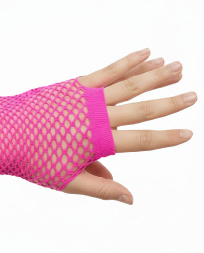 24 Pair Fishnet Gloves Fingerless Wrist Length 70s 80s Costume Party - Hot Pink - Image 3