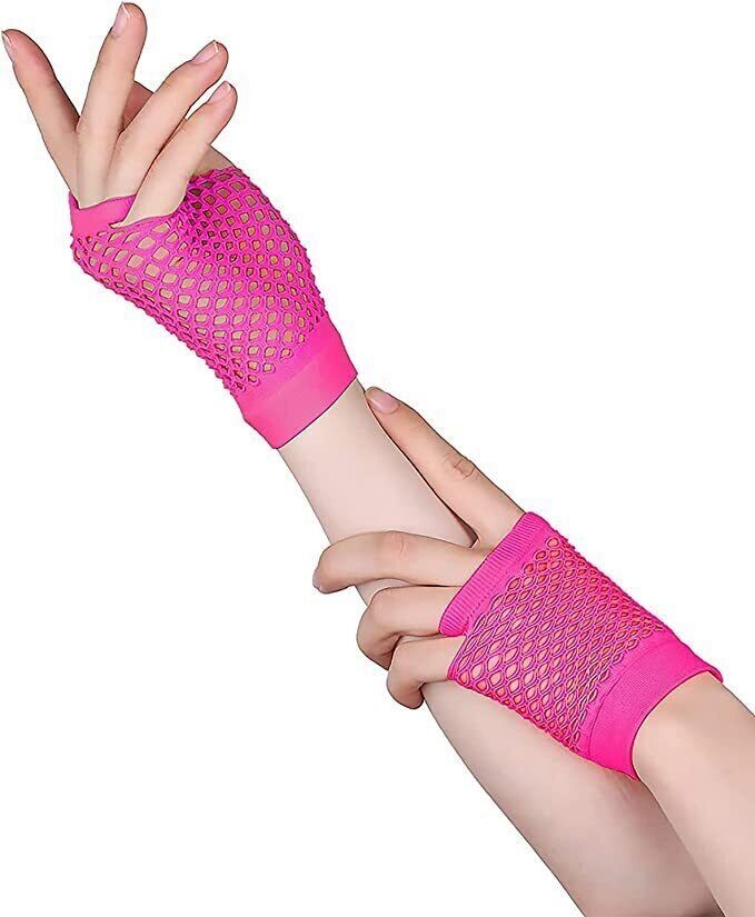 24 Pair Fishnet Gloves Fingerless Wrist Length 70s 80s Costume Party - Hot Pink - Image 4