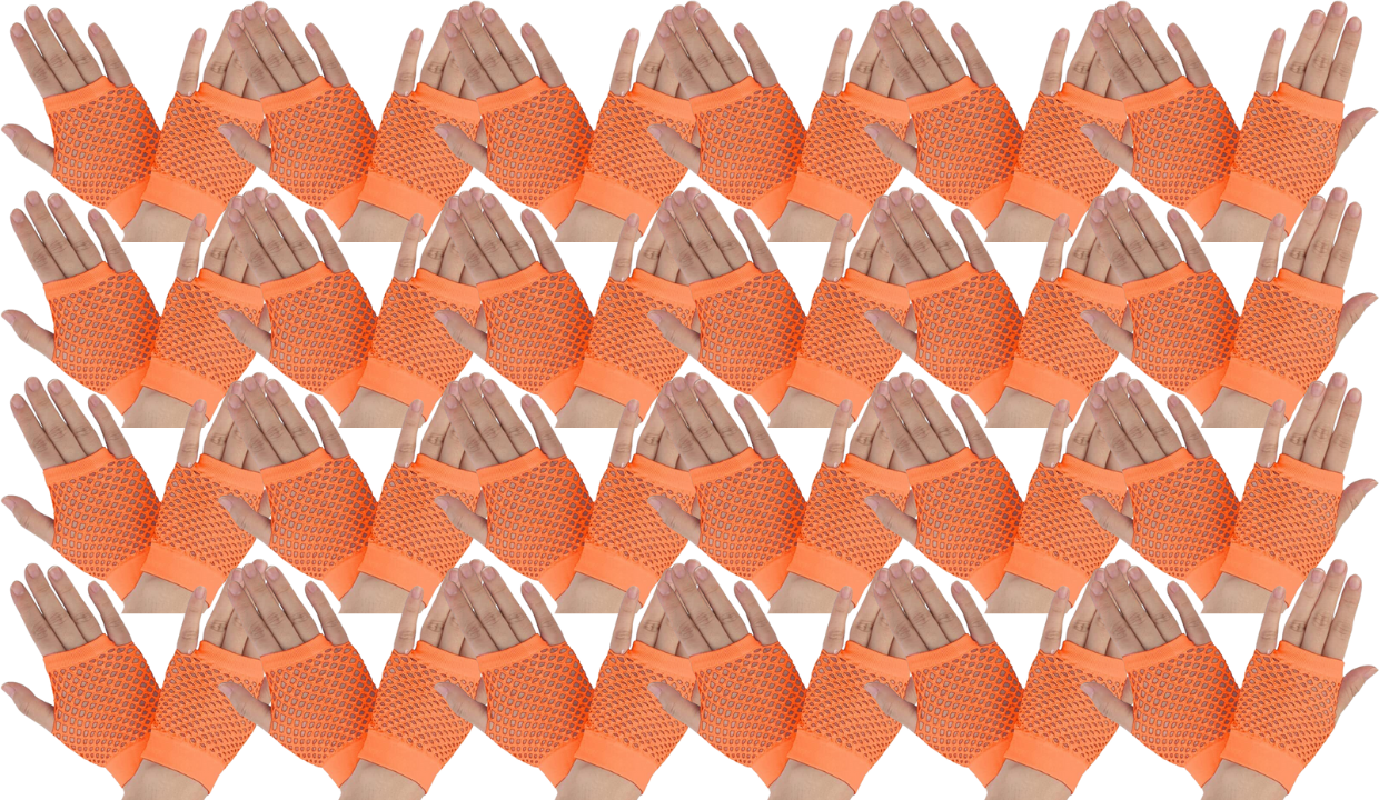 24 Pair Fishnet Gloves Fingerless Wrist Length 70s 80s Costume Party - Orange - Image 2