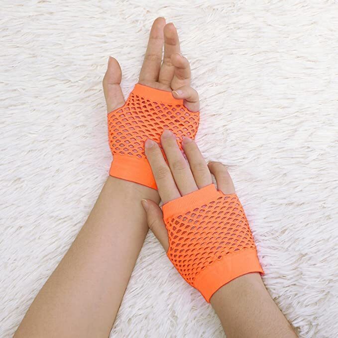 24 Pair Fishnet Gloves Fingerless Wrist Length 70s 80s Costume Party - Orange - Image 3