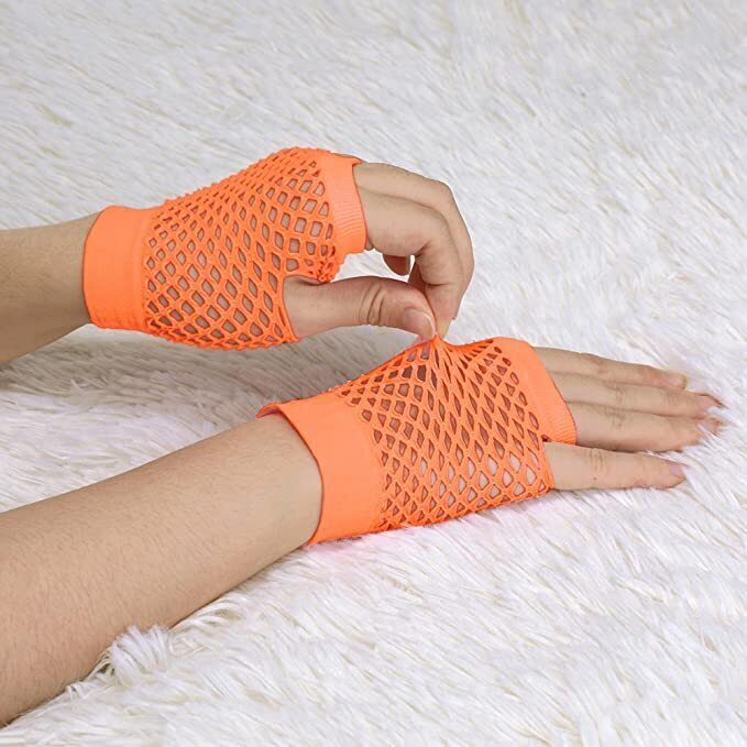 24 Pair Fishnet Gloves Fingerless Wrist Length 70s 80s Costume Party - Orange - Image 4