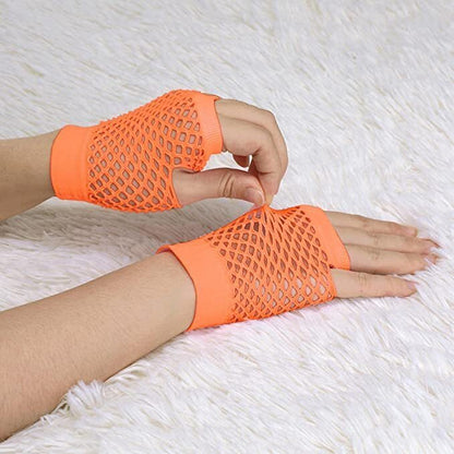 24 Pair Fishnet Gloves Fingerless Wrist Length 70s 80s Costume Party - Orange - Image 4