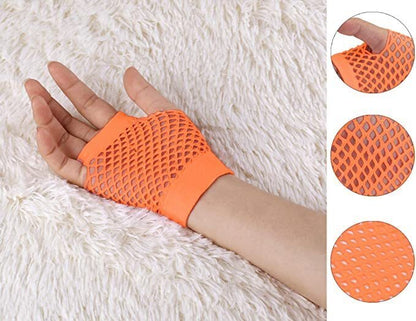 24 Pair Fishnet Gloves Fingerless Wrist Length 70s 80s Costume Party - Orange - Image 5