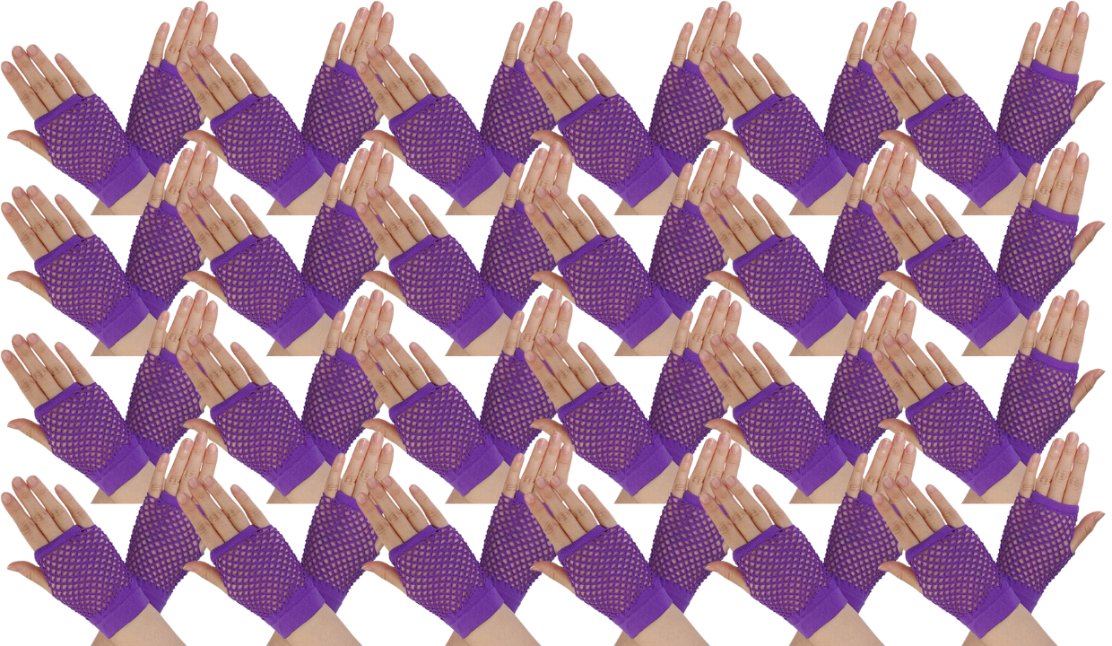 24 Pair Fishnet Gloves Fingerless Wrist Length 70s 80s Costume Party - Purple - Image 2