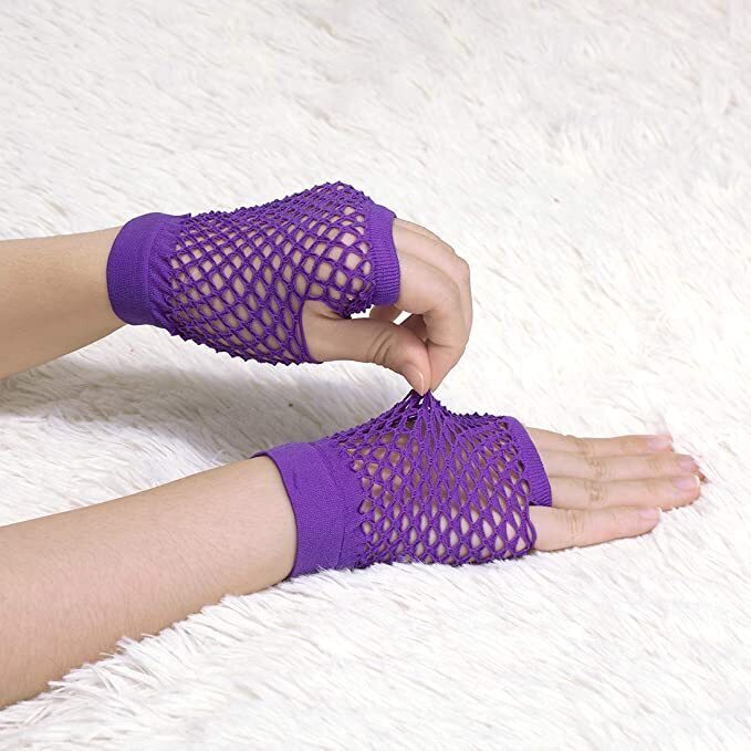 24 Pair Fishnet Gloves Fingerless Wrist Length 70s 80s Costume Party - Purple - Image 3