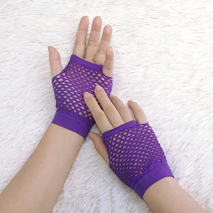 24 Pair Fishnet Gloves Fingerless Wrist Length 70s 80s Costume Party - Purple - Image 4