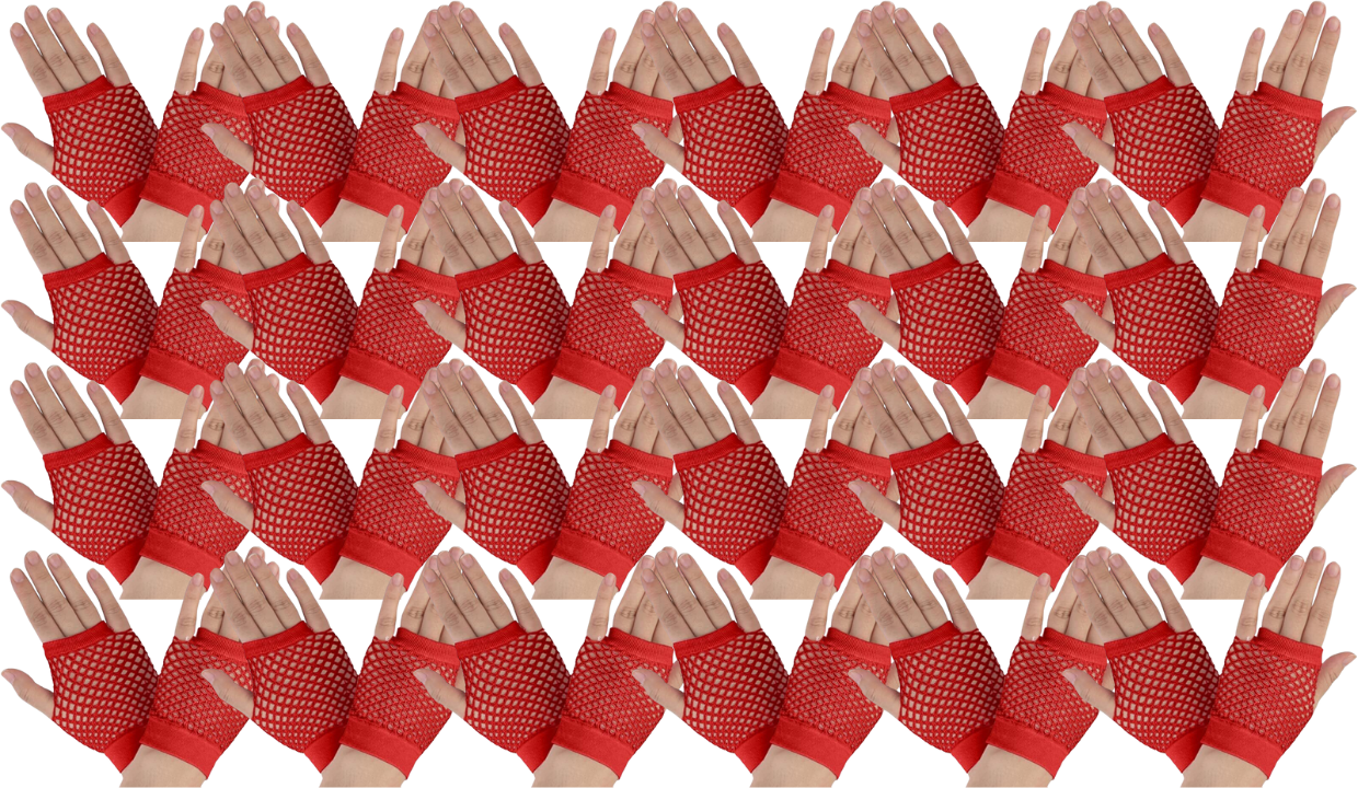 24 Pair Fishnet Gloves Fingerless Wrist Length 70s 80s Costume Party Bulk - Red - Image 2