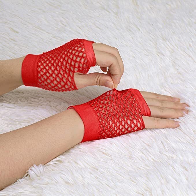24 Pair Fishnet Gloves Fingerless Wrist Length 70s 80s Costume Party Bulk - Red - Image 4
